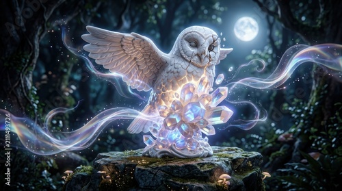 Crystal owl sculpture in a magical forest