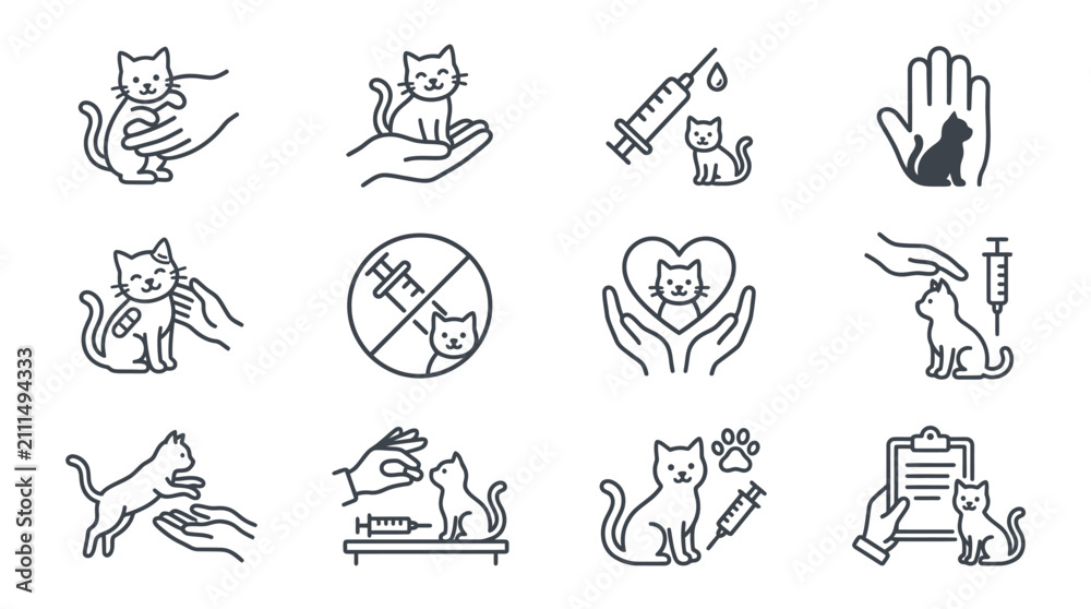 Fototapeta premium Set of veterinary cat care icons, including medical treatment, vaccination, and physical checkup symbols in outline style