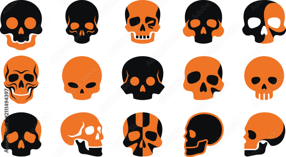 Obraz premium Set of halloween skull and cat ghost icons featuring spooky orange and black design elements for festive decorations