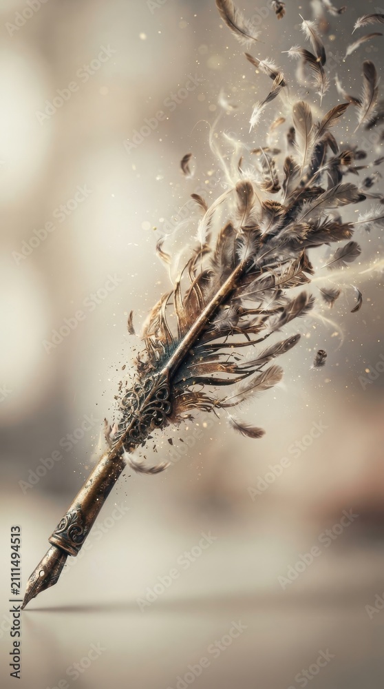 Fototapeta premium Vintage quill pen dissolving into feathers