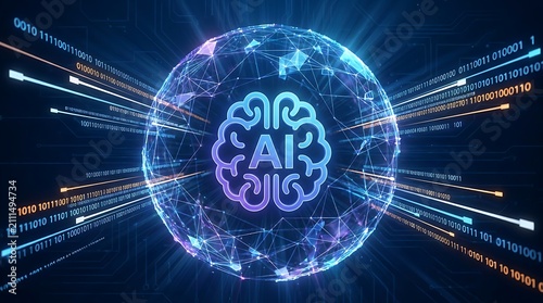 Obraz na płótnie Advanced artificial intelligence brain sphere with glowing binary code streams and data flow.