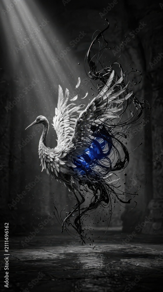 Obraz premium Abstract ethereal crane bird in flight with black ink and blue light