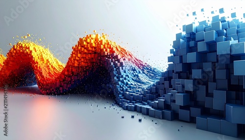 Abstract digital data wave formed by glowing blue and orange cube particles in motion with abstract technology particles