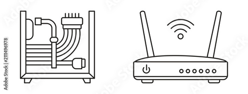 Computer Hardware Case and Wireless Wi-Fi Router Line Icon Set for Networking, Technology, Hardware Infrastructure, and Internet Connection