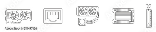 Vector line icon set featuring PC hardware components including graphics card (GPU), ethernet port , AIO liquid CPU cooler, external hard drive / SSD, and RAM expansion card. Isolated 