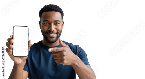 An enthusiastic young diverse man in smart casual wear presents a smartphone with a blank screen on a clean studio background. Concept for technology advertising