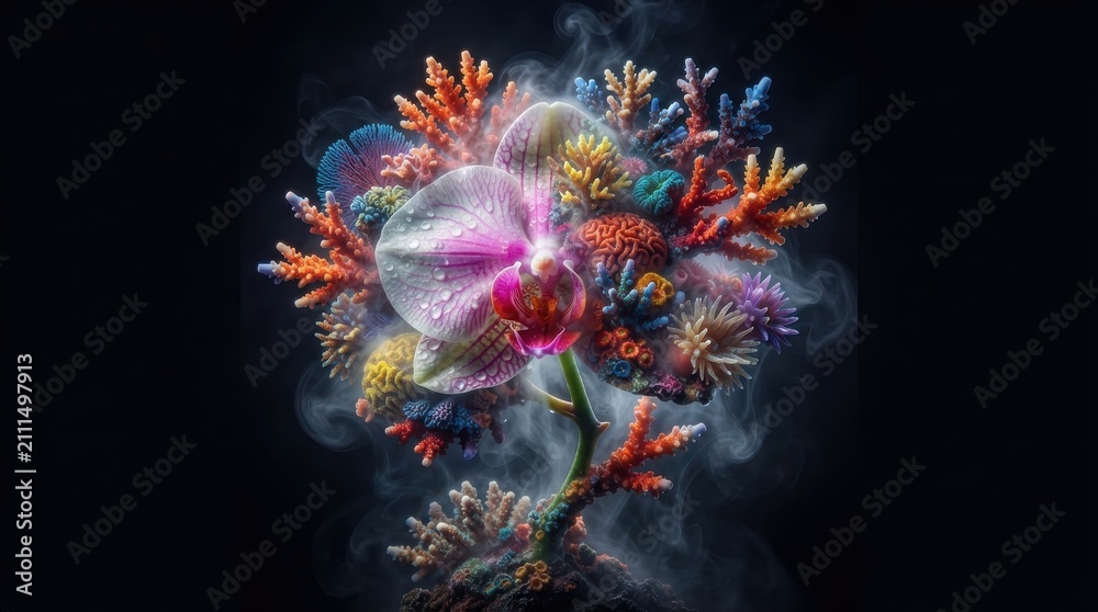Obraz premium Orchid flower combined with colorful coral reef textures