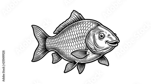 Foto Detailed carp fish engraving illustration on white background.