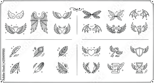 Принти на полотні Fantasy magical wings and feathers icon set angel fairy dragon butterfly heart key shield line art vector illustration