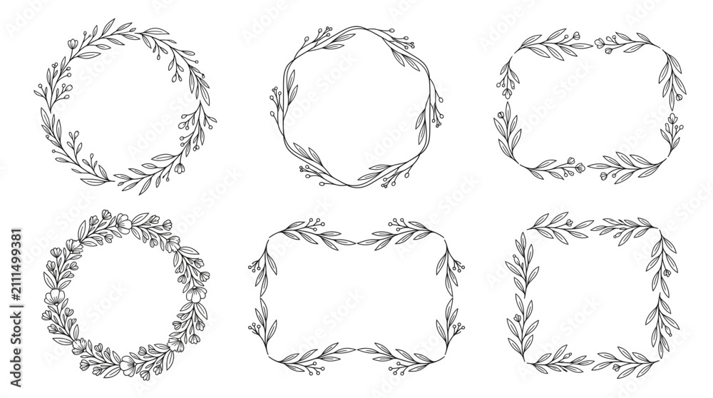 Fototapeta premium Set of hand drawn floral wreaths and frames