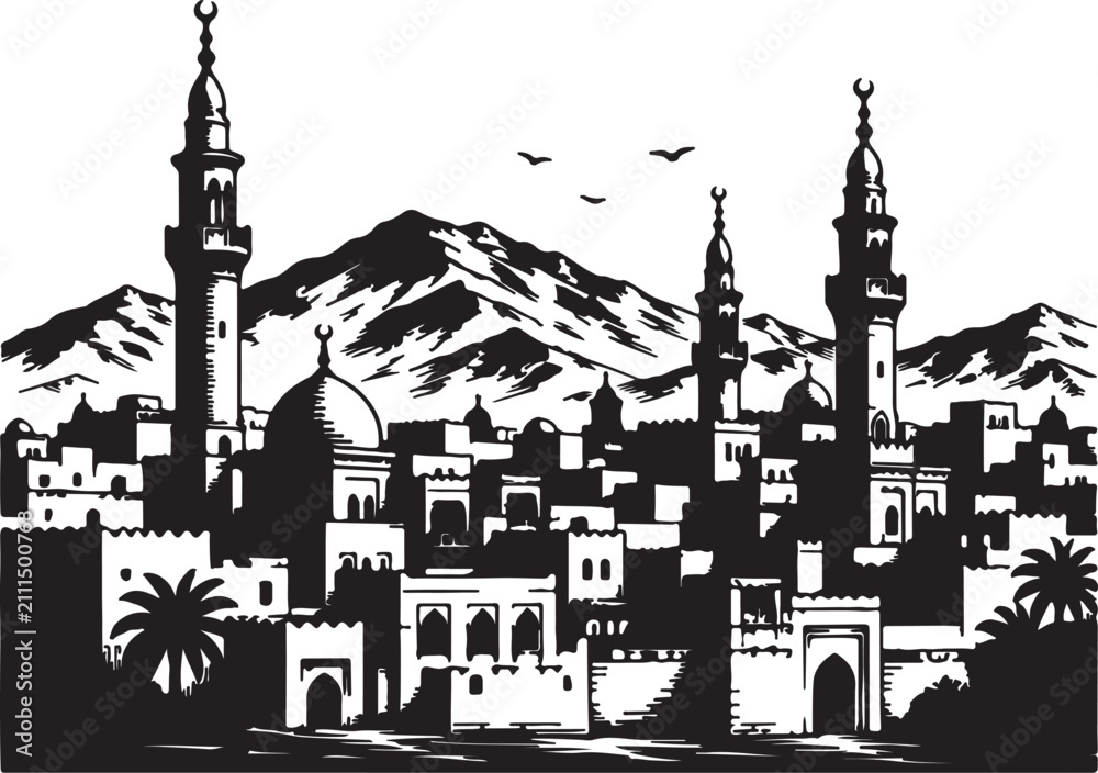 Obraz premium Historic Mecca Skyline Islamic Heritage Silhouette 