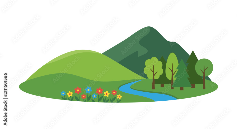 Obraz premium Beautiful Green Mountain Landscape with River Trees and Colorful Flowers