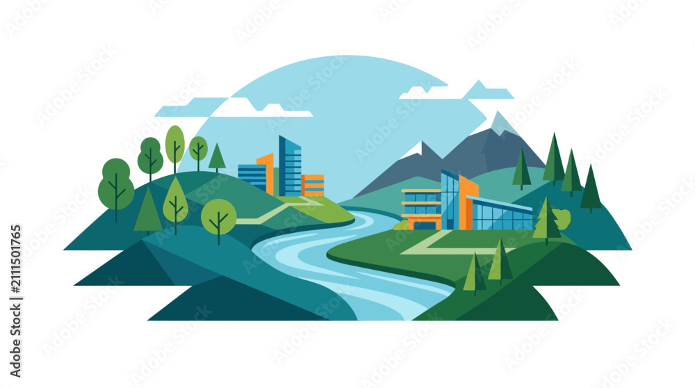 Fototapeta premium Modern sustainable city landscape with mountains river and green hills flat vector illustration