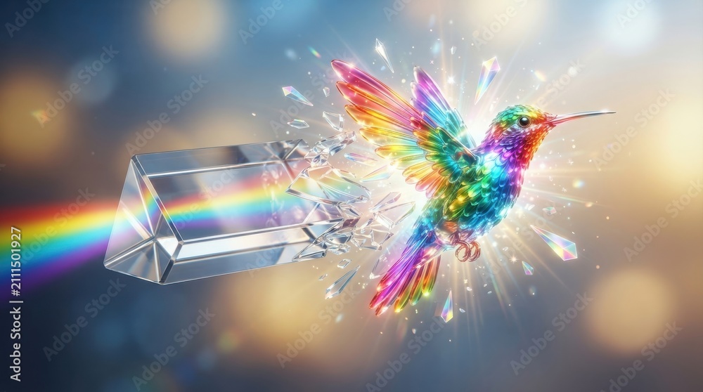 Fototapeta premium Rainbow hummingbird emerging from shattered prism