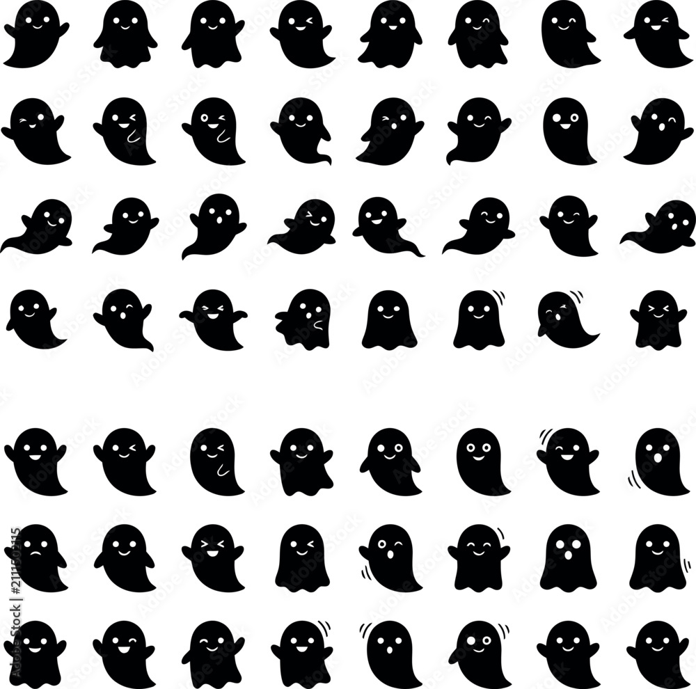 Fototapeta premium Set of cute ghost character silhouettes in various expressions vector collection with silhouette