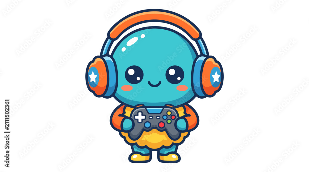 Fototapeta premium Cute cartoon blue alien character wearing headphones holding a game controller.