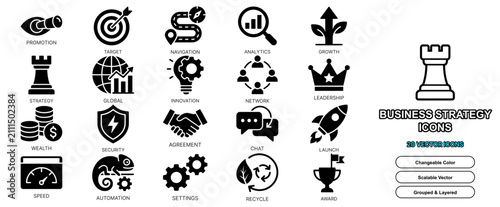 Business strategy solid shape icon set for marketing planning startup success development corporate team office and solution