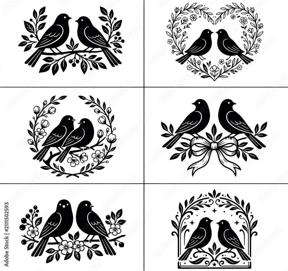 Fototapeta premium Set of decorative bird silhouettes on floral branches and hearts with silhouette branches romantic