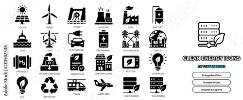Clean energy solid shape icon set for sustainable eco alternative electric save solar power planet and nature