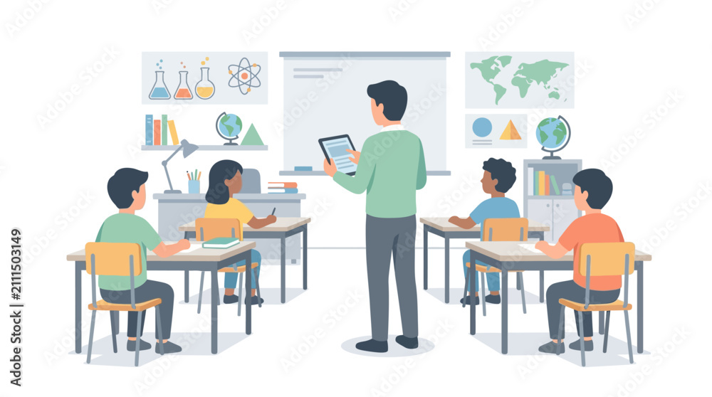 Fototapeta premium Teacher instructing students in a classroom using a digital tablet