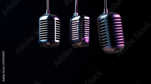 Three vintage microphones, chrome-plated and hanging, against a black backdrop
