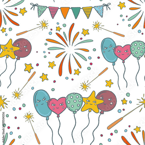 Seamless birthday celebration pattern, fireworks, balloons, stars and bunting. Colorful festive repeat background. Perfect for wrapping, packaging, stationery, crafts, fabric and textile prints.