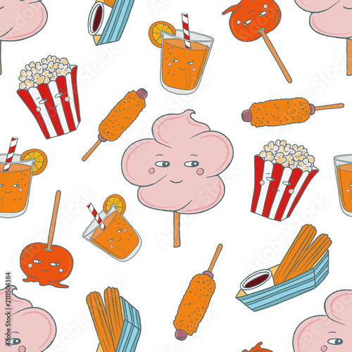 Seamless carnival food pattern with popcorn, cotton candy, churros, corn dogs and candy apples. Perfect for wrapping, packaging, stationery, crafts, fabric and textile prints.