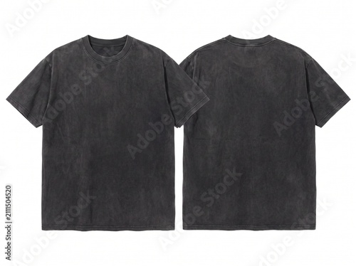 Front and Back View of Blank Charcoal Black Acid Wash T-Shirt Mockup on White Background