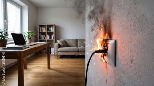 Home Office Electrical Fire Wall Socket Sparks Flame Smoke Overload Short Circuit Hazard Concept