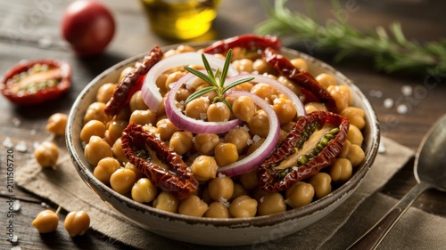 The national dish of Italian cuisine. 
Chickpea salad (Insalata di Ceci) — chickpeas, dried tomatoes, rosemary, red onion. A photo with a place for the text.