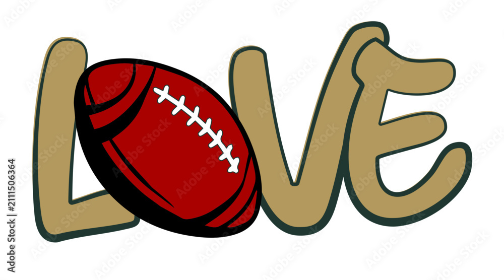 Fototapeta premium LOVE wordmark with a football replacing the O, red and gold outline style. Playful football vector clipart for cricut, sublimation, and sports craft projects.