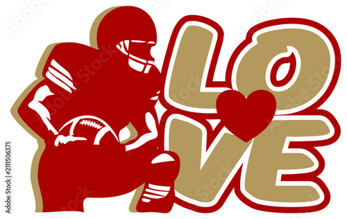 Crouching football player silhouette beside a LOVE wordmark with heart accent, red and gold. Sporty vector clipart for cricut, sublimation, and apparel crafts.