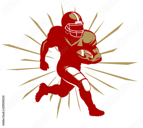 Running football player silhouette with sunburst rays, red and gold. Sporty vector clipart for cricut, sublimation, apparel, and craft projects.