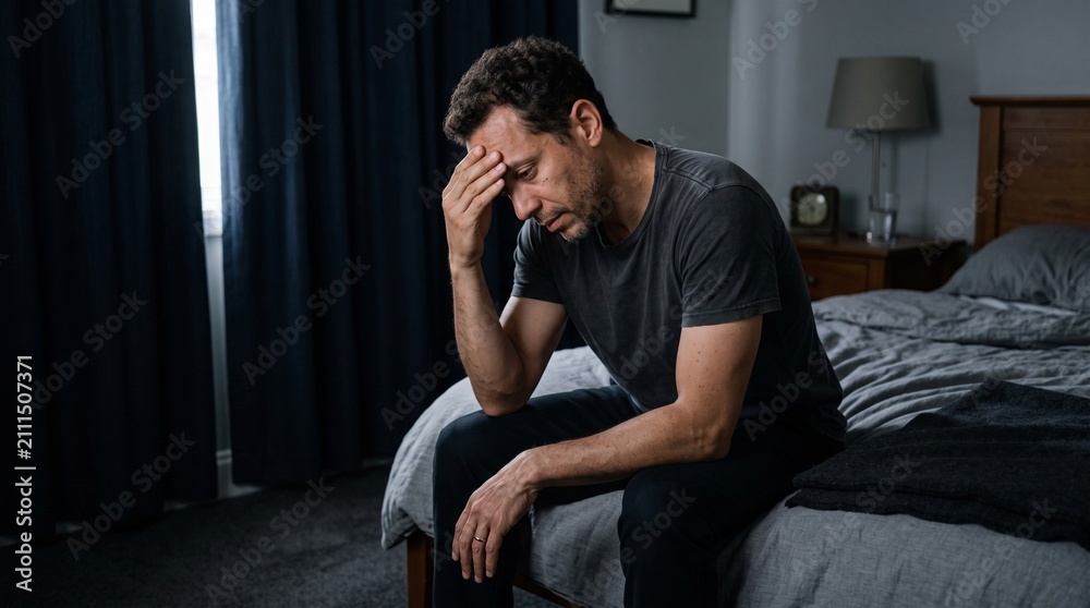 Fototapeta premium Migraine Sufferer Resting in a Dim Bedroom