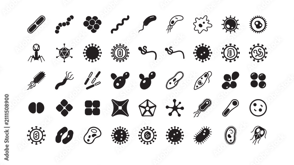 Obraz premium Comprehensive Microbe Vector Icon Set Featuring Bacteria and Viruses