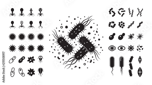 Foto Diverse set of microbe and bacteria silhouette icons including flagellated organ
