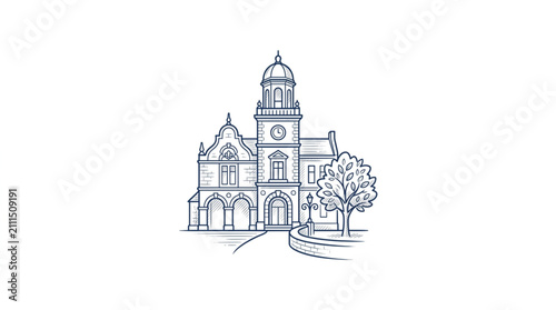 Foto Illustrated Historic Church Building with Clock Tower.