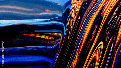 Fotografie Abstract liquid swirl background with vibrant blue landscape reflection and fier
