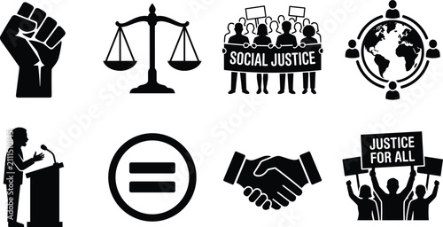 Black and White Social Justice Icons Representing Equality, Activism, and Global Cooperation
