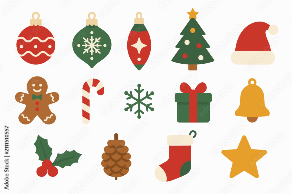 Fototapeta premium Flat vector clipart collection featuring Christmas holiday icons including Christmas tree, ornaments, Santa hat, gingerbread cookie, candy cane, snowflake, gift box, bell, stocking, holly leaves, pine
