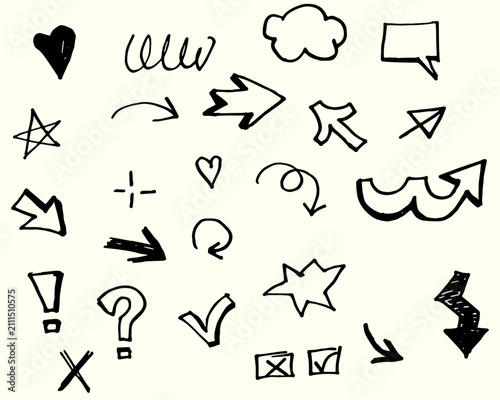 Hand drawn elements arrows heart star check box cloud line scribble exclamation question mark