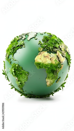 A vibrant green planet Earth, adorned with lush foliage and plant life, symbolizing environmental conservation and a sustainable future for the world