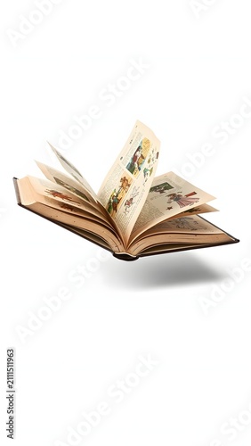 Open book floating in the air for world book day concept isolated on white background