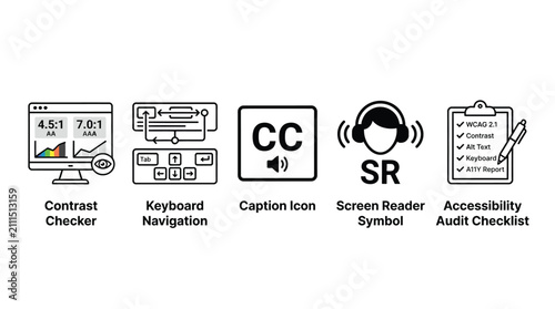 Professional digital vector graphic set featuring essential accessibility icons for web design including contrast checkers and keyboard navigation symbols today