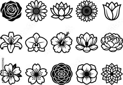 Fotografi Floral ornament collection black and white vector illustration of various blosso