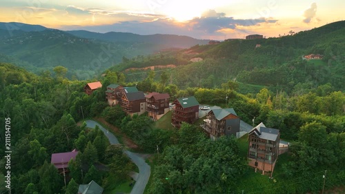 Mountain neighborhood around Gatlinburg, Tennessee with luxury cabins, winding roads and panoramic Smoky Mountain scenery