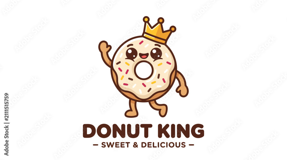 Fototapeta premium Cute Cartoon Donut Character Wearing a Golden Crown Logo.