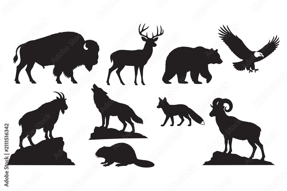 Fototapeta premium Set of wild animal silhouettes including bear deer and eagle