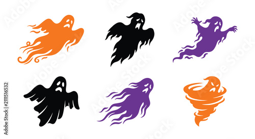Photography Assorted ghost shapes in orange purple and black presented as a flat graphic sil