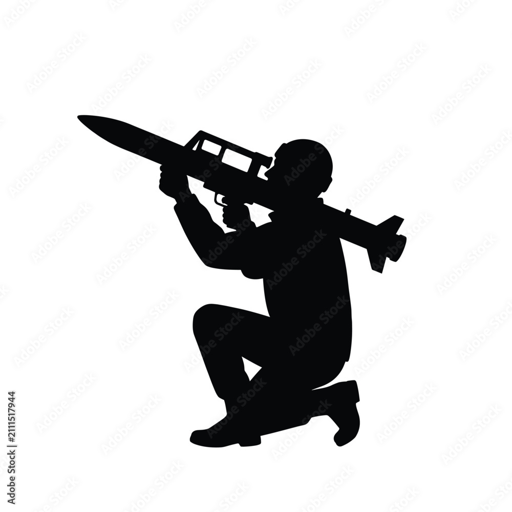 Obraz premium Kneeling Soldier Aiming Rocket Launcher Silhouette Vector Military Action Illustration